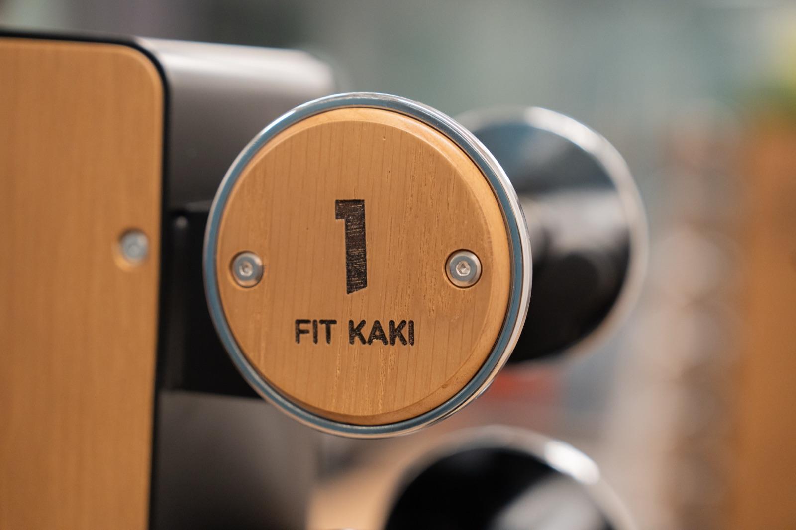 Fit Kaki's custom wooden dumbbells, sized for gradual progression
